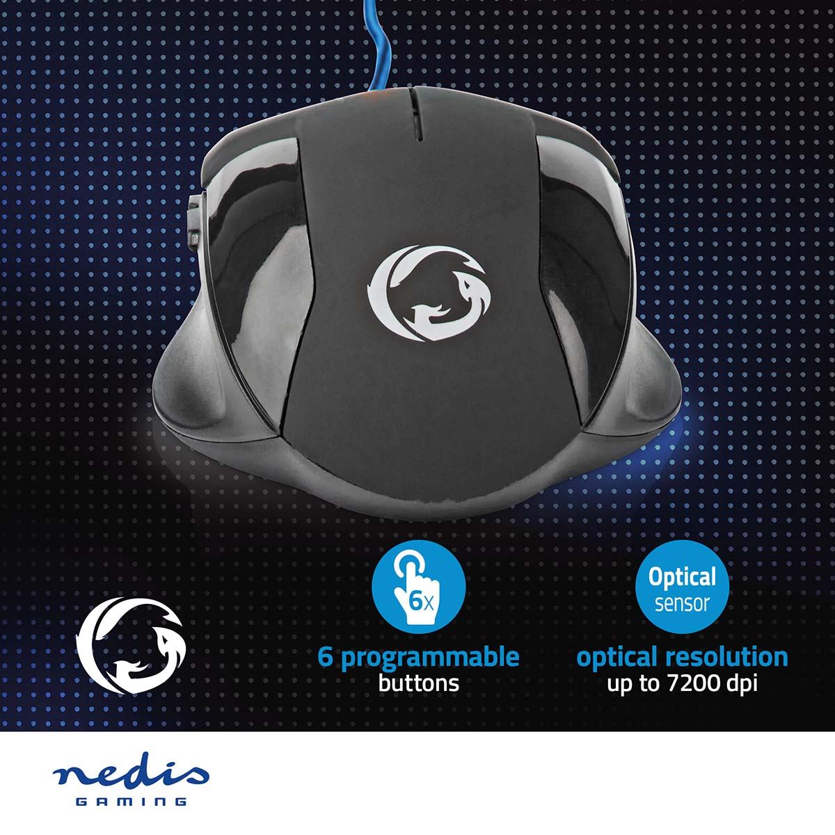 Nedis Gaming Mouse | Wired | 1200 / 2400 / 4800 / 7200 dpi | Adjustable DPI | Number of buttons: 6 | Programmable buttons | Right-Handed | 1.50 m | Without Lighting