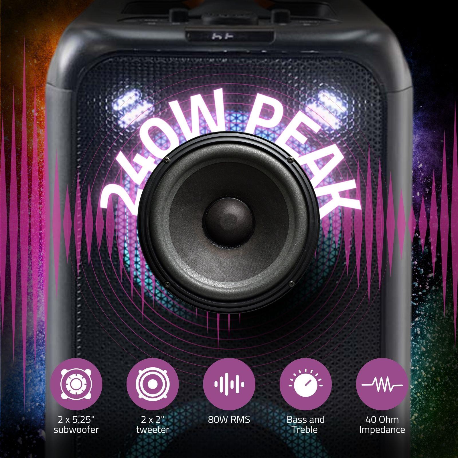 Nedis Party Box 240w Wireless Bluetooth Party Speaker, 5H Playtime, Portable Design, Dynamic Light Show, IPX4 Splashproof, AI Sound Boost, Microphone Input, Black