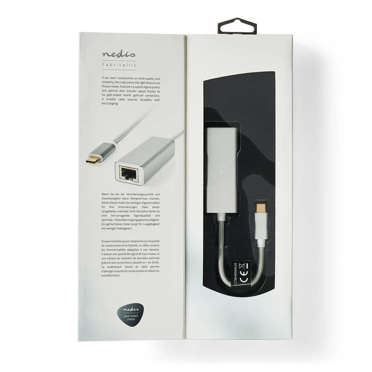 Nedis USB Network Adapter | USB 3.2 Gen 1 | 1 Gbps | USB-C™ Male | RJ45 Female | 0.20 m | Round | Gold Plated | Tinned Copper | Silver | Cover Window Box