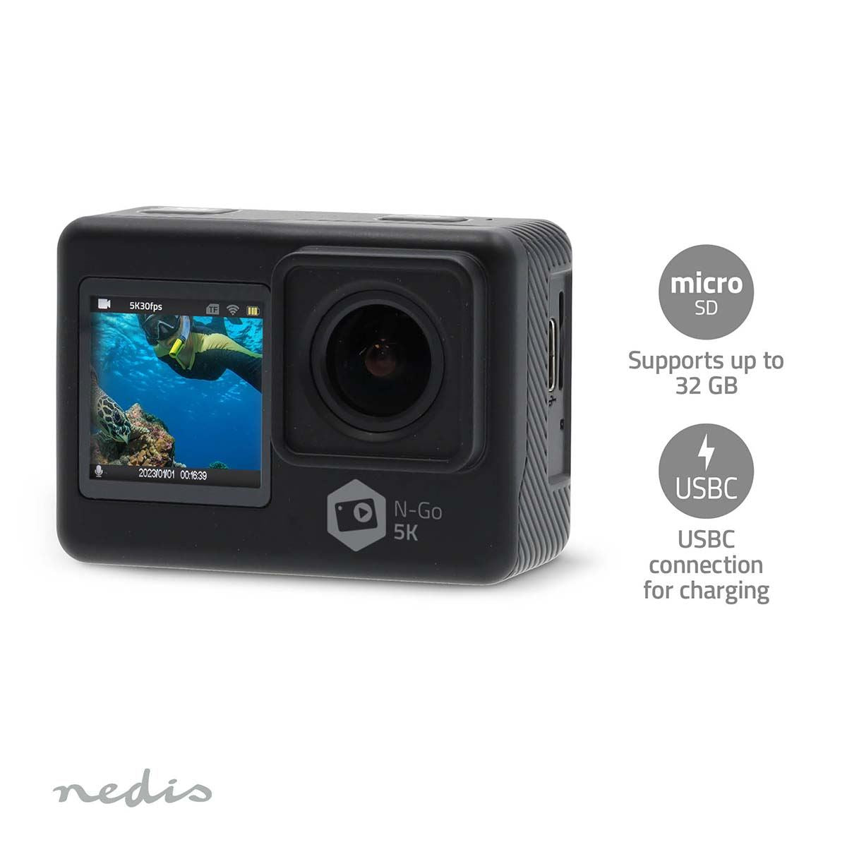 Nedis Dual Screen Action Cam, 5K Ultra HD 30fps, 16MP 170 Degree Wide Angle, Waterproof 30m, Wi-Fi Live Stream with 2" TFT Rear Screen & 1.3" Front Screen, Built-in Mic, Mounting Kit Included