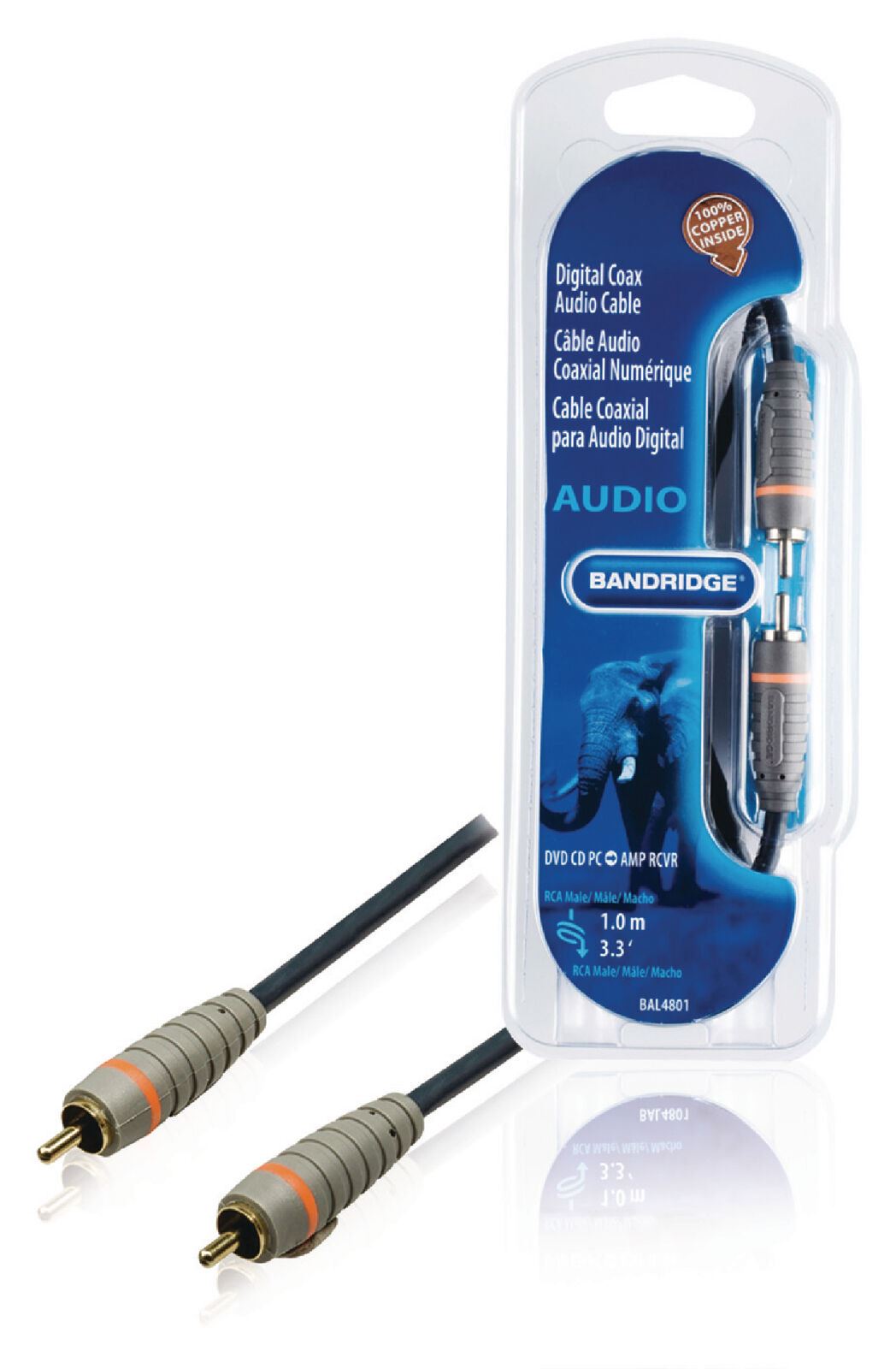 Bandridge 1m Shielded Subwoofer Digital Coax RCA Cable Gold Pure OFC Copper 24K Gold