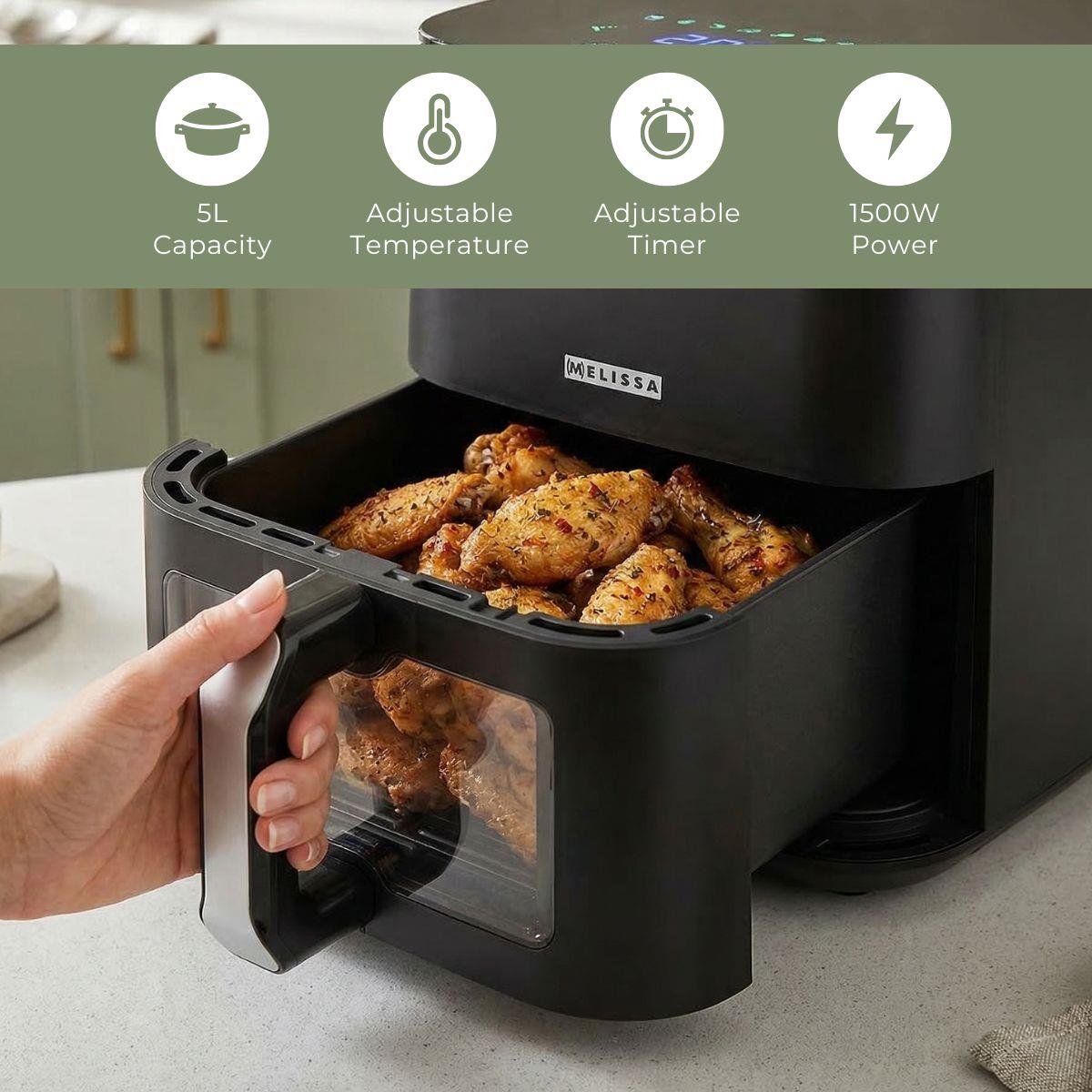 MELISSA Digital Hot Air Fryer XL | 5 l | 60-min Timer | 8 Presets | Viewing window | Black