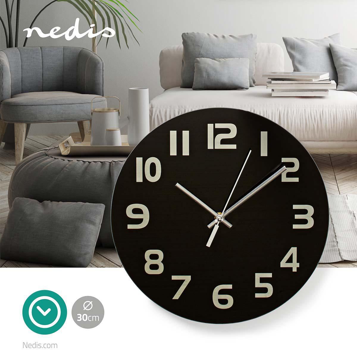 Nedis 30cm Wall Clock with Easy Read Numbers, Battery Powered - Glass Black