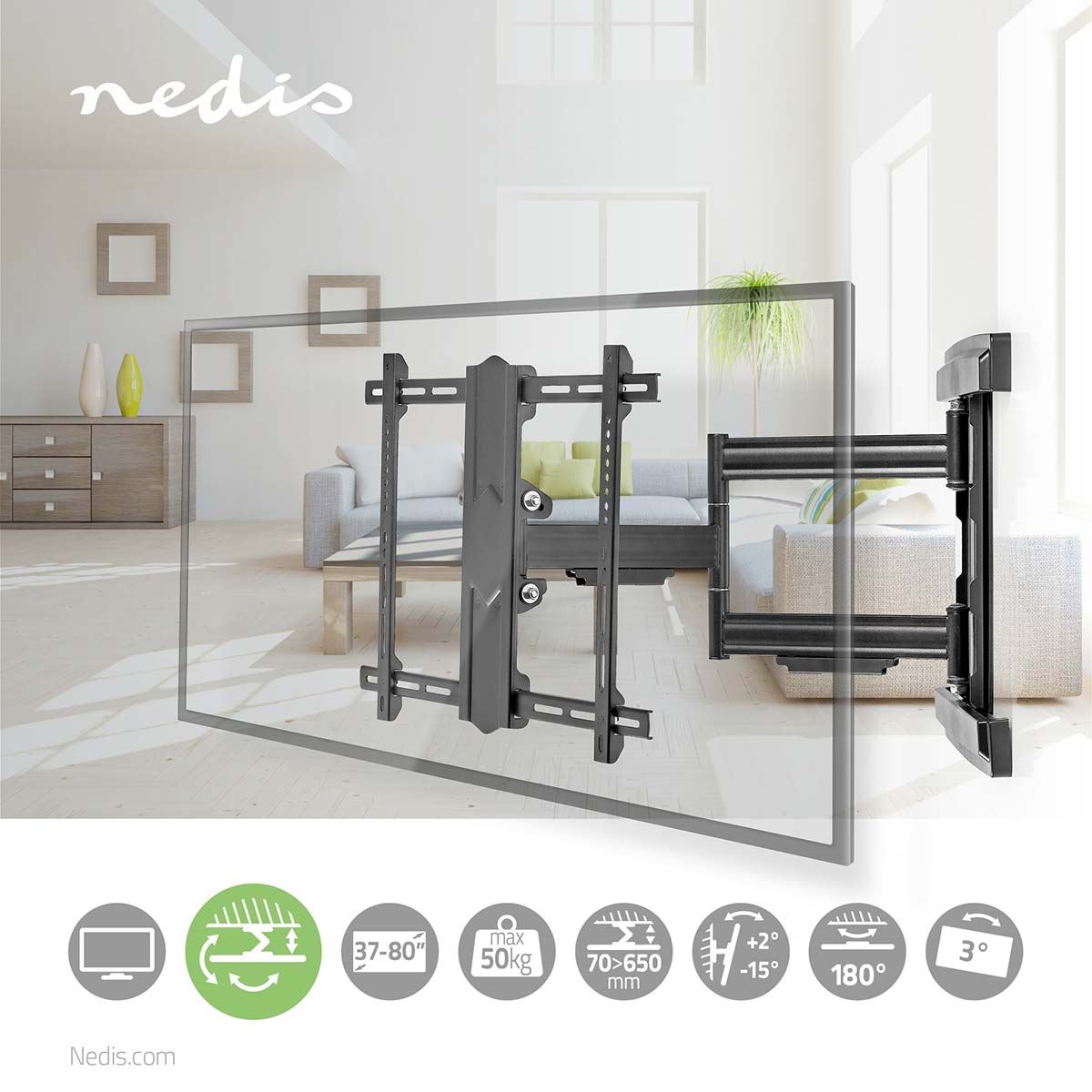 Nedis Full Motion TV Wall Mount | 37 - 80 " | Maximum supported screen weight: 50 kg | Tiltable | Rotatable | Minimum wall distance: 70 mm | Maximum wall distance: 650 mm | 3 Pivot point(s) | Steel | Black