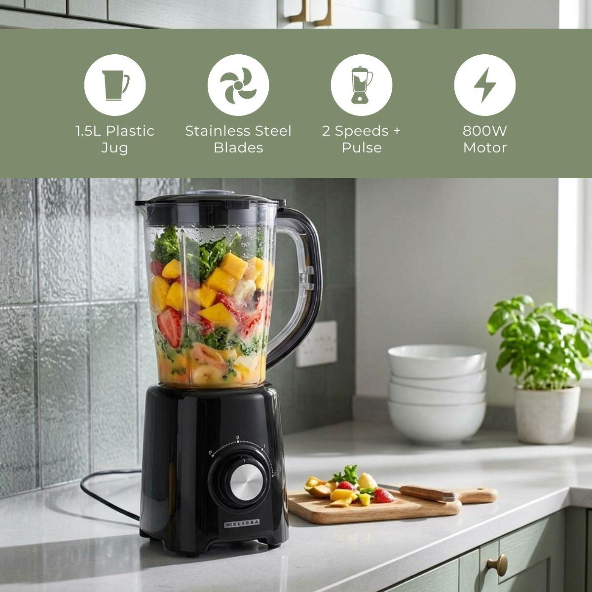 MELISSA Table Top Blender, 800W, with 1.5L Plastic Jug, 2 Speed Settings and Pulse Function, Ideal for Fruit Juice, Vegetables, Soup, Smoothies, Protein Shakes and more - Black
