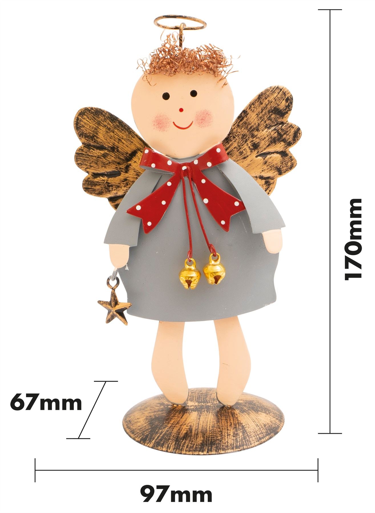 Standing Metal Christmas Angel Ornament Decoration with Wings Halo & Star Bells - Grey