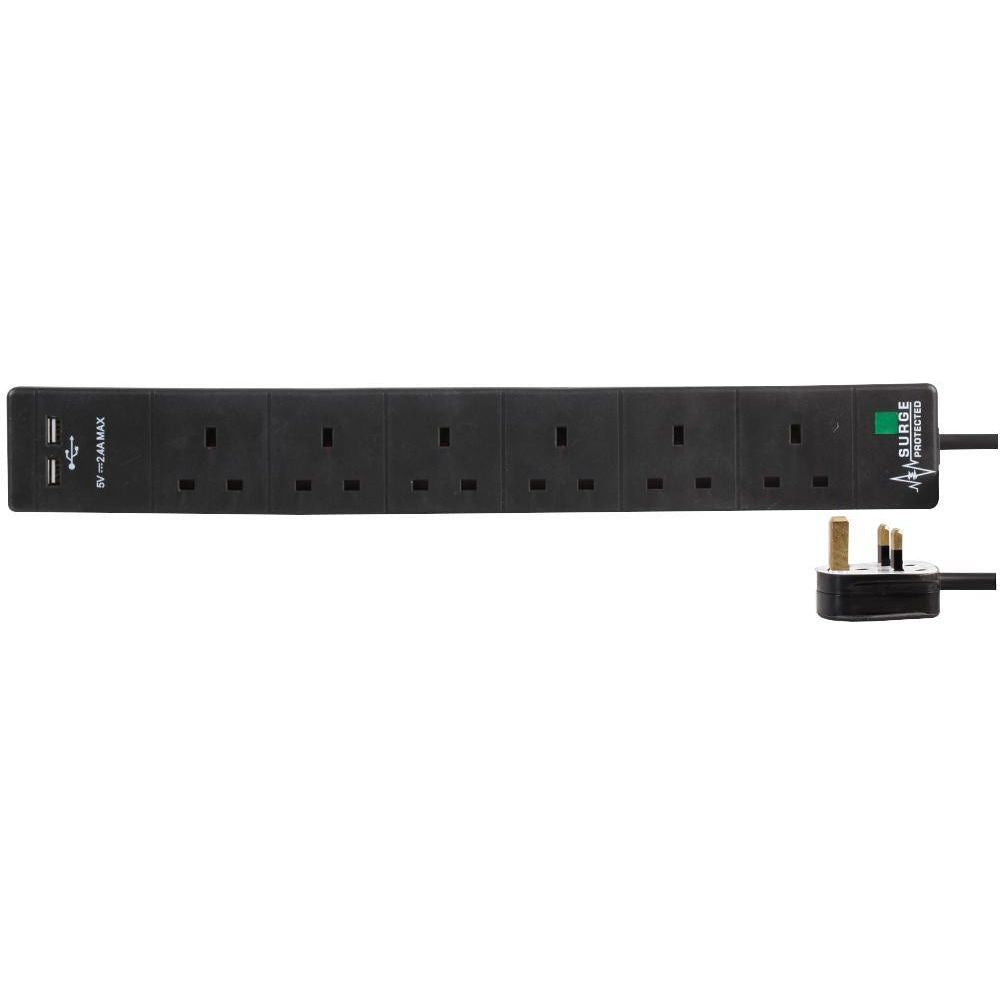 6 Gang 3m Mains Extension Lead Socket Surge Protected 13A with USB Charge Ports - Black