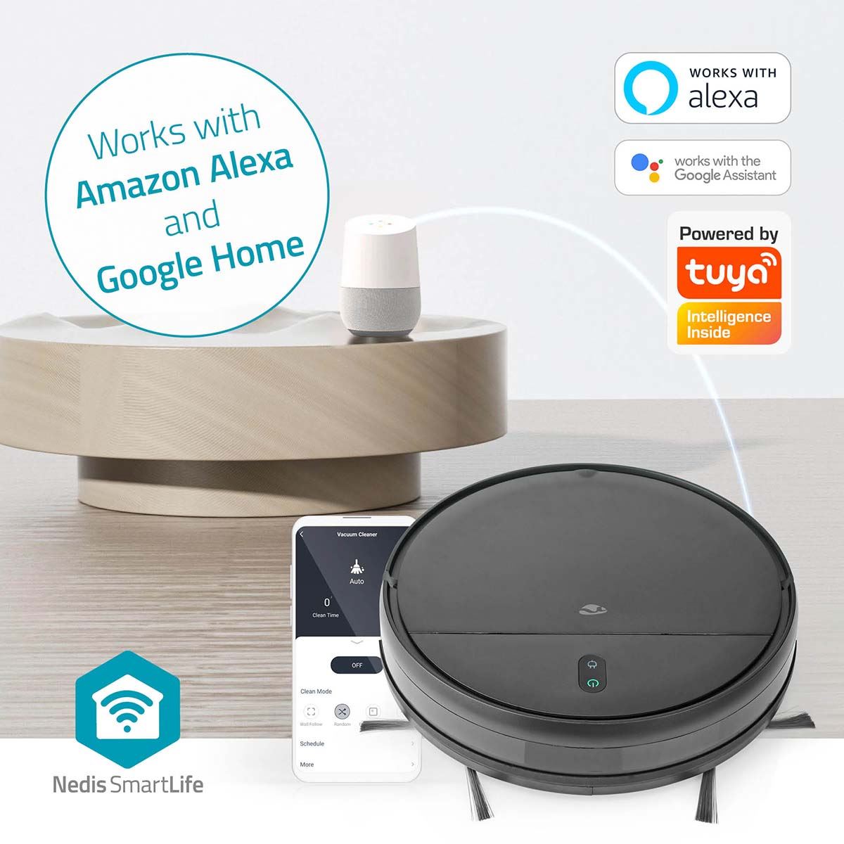 Nedis SmartLife Robot Vacuum Cleaner | Random | Wi-Fi | Capacity collection reservoir: 0.2 l | Automatic charging | Maximum operating time: 1.8 hrs | Black | Android™ / IOS