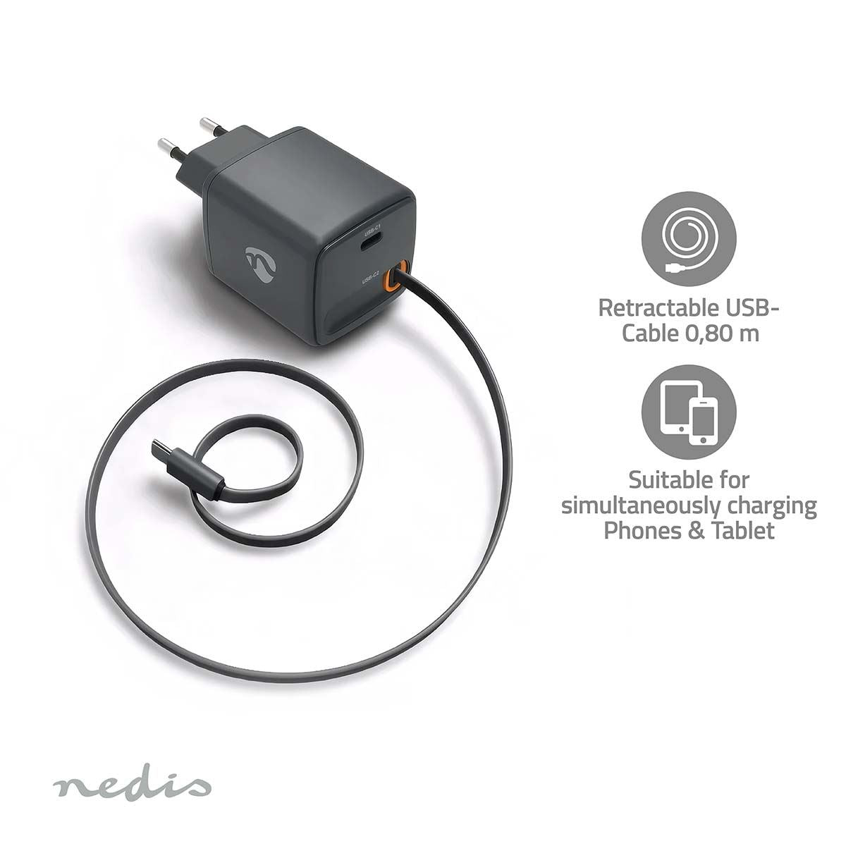 Nedis EU Wall Travel Charger with Retractable Cable | 30 W | GaN | PD3.0 30W | 1.5 / 2.0 / 2.5 / 3.0 A | Number of outputs: 1 | USB-C™ | USB-C™ Retractable Cable | 0.75 m | Automatic Voltage Selection | Black