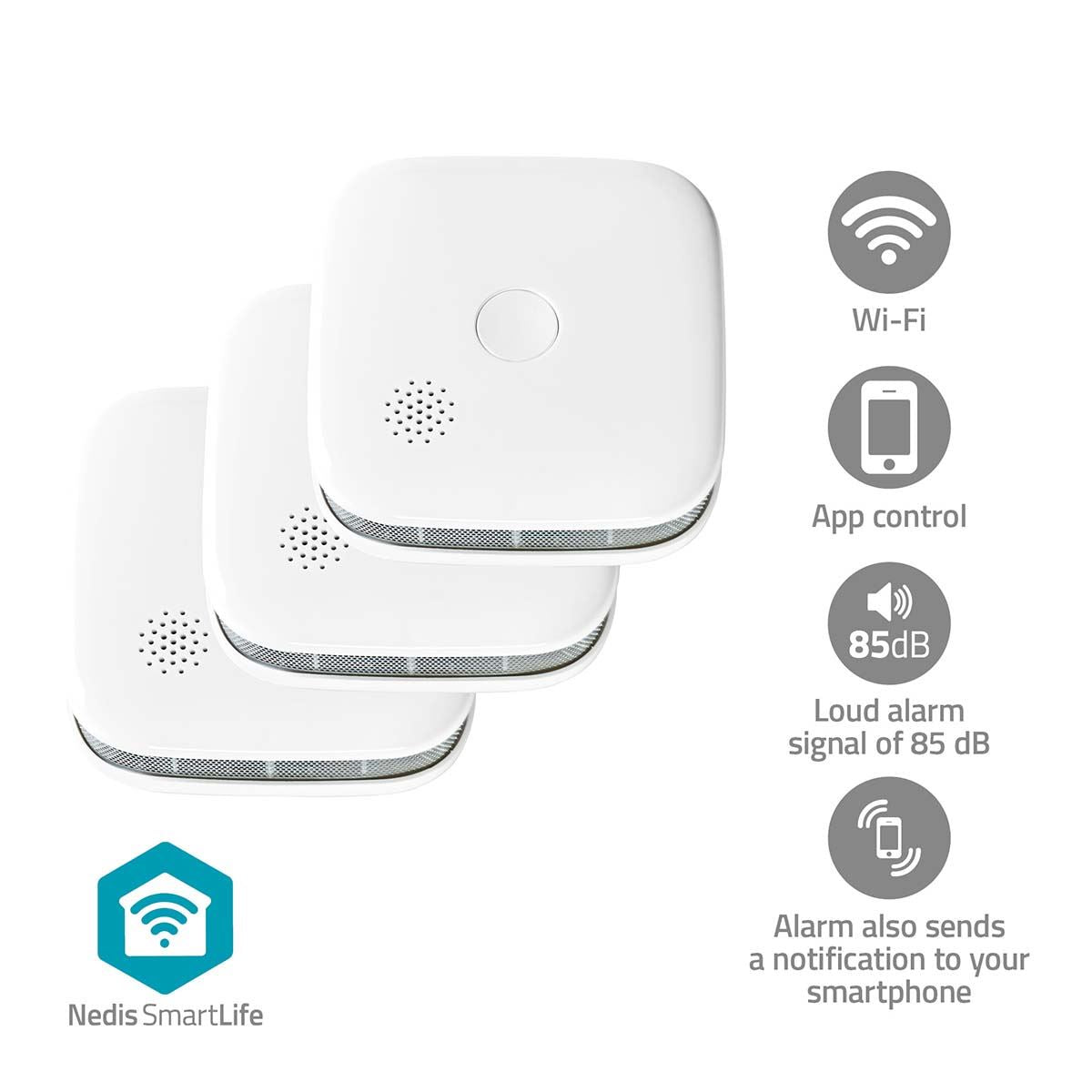 Nedis SmartLife 3 Pack Smoke Detector | Smart Wi-Fi | Battery Powered | Sensor life 10 year | EN 14604 | Max. battery life: 24 Months | 85 dB | White