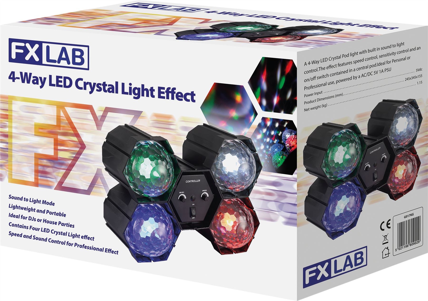 4 Way Multi-Coloured LED Crystal Effect Disco/Party Pod Light With Built-in Sound to Light Controller