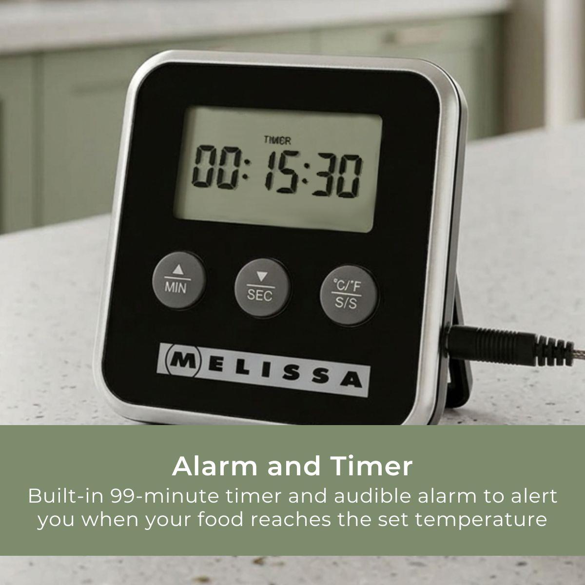 Melissa Leave-in Digital Food, Meat, Baking Thermometer Temperature Probe Cooking Kitchen BBQ, with Alarm, Timer - Black