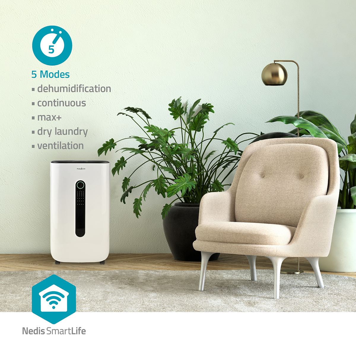 Nedis SmartLife Dehumidifier | Wi-Fi | 20 l/Day | Dehumidification / Continuous / Max+ / Dry laundry / Ventilation | Android™ / IOS | Adjustable hygrostat | 195 m³/h