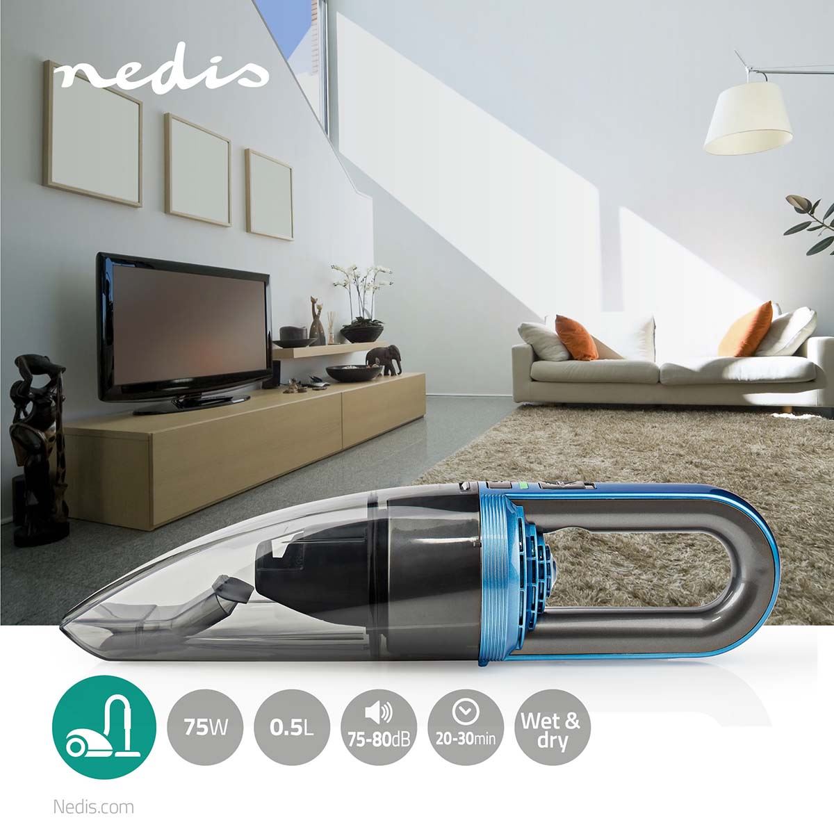 Nedis Handheld Vacuum Cleaner | 75 W | Rechargeable | Dry / Wet | Li-Ion | Blue / Grey