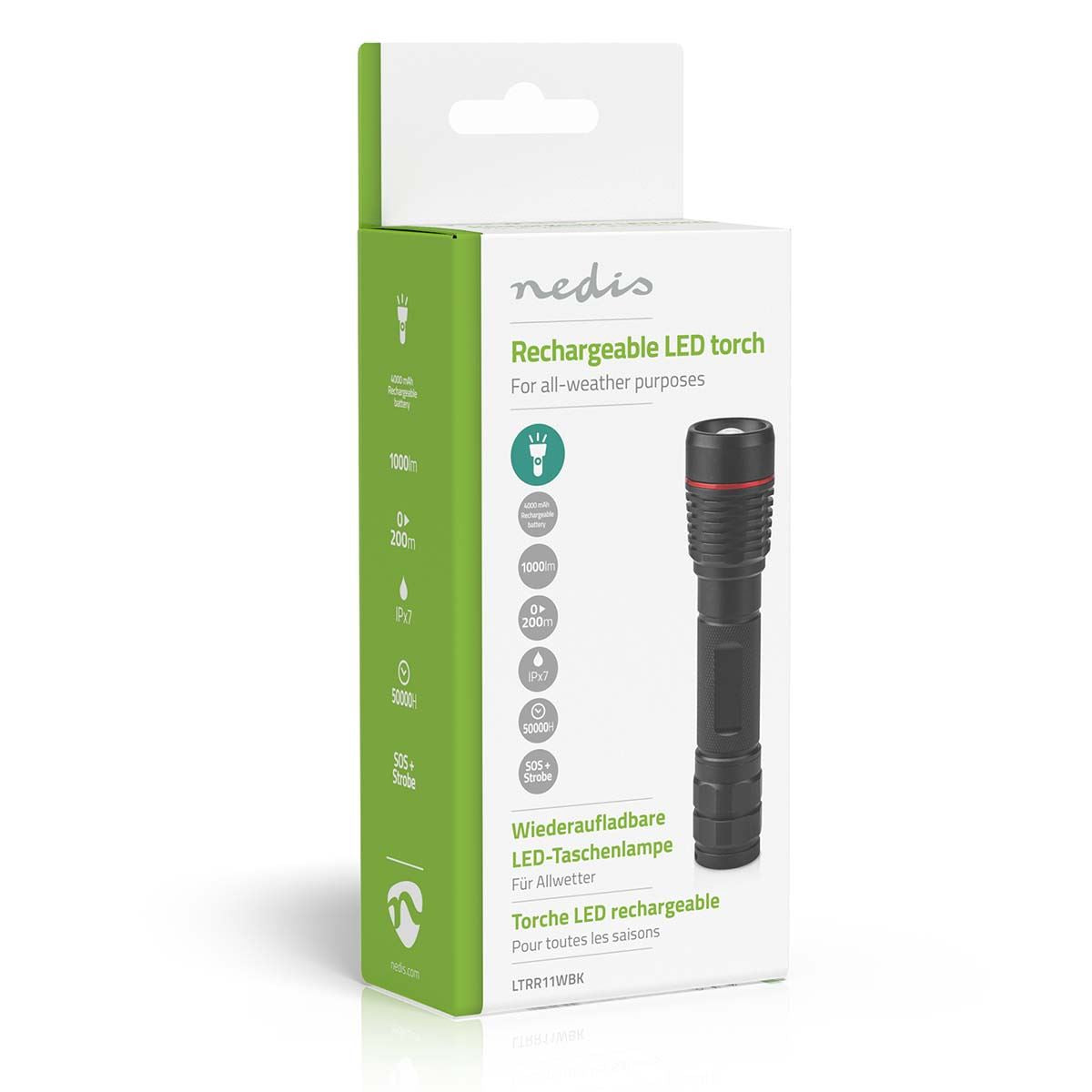 Nedis LED Torch, Rechargeable 1000 Lumen Flashlight with Adjustable Focus Beam, USB-C Charging, IPX7 Water-Resistant, 200m Beam, 2h Runtime