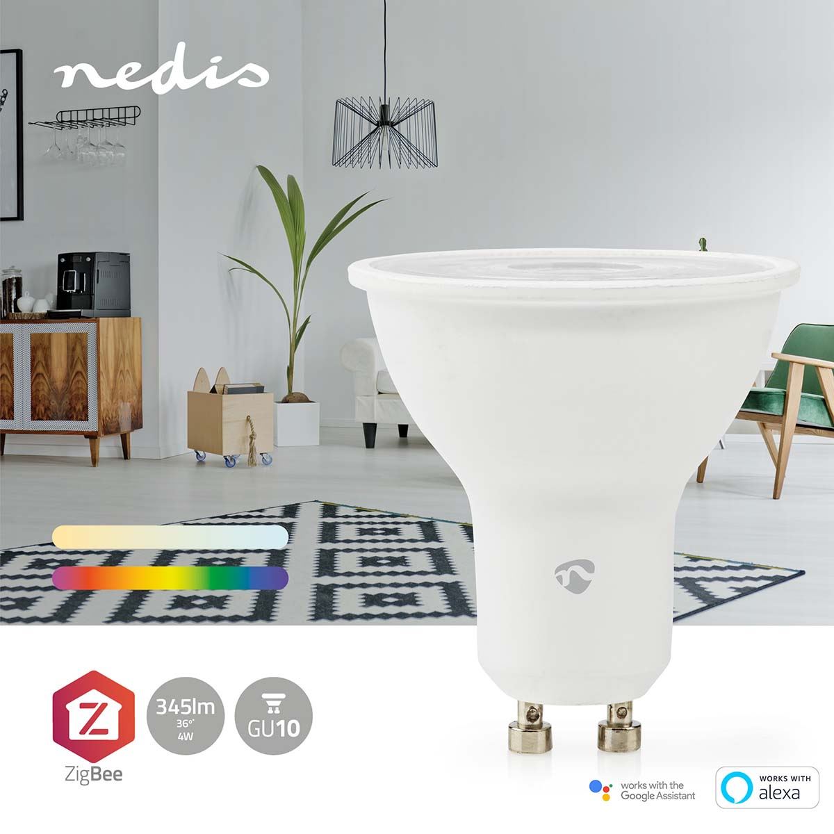 Nedis SmartLife Full Colour LED Bulb GU10 Zigbee, RGB + 2200-6500K, Voice Control with Alexa & Google Home, App & Remote Control, Timer Function, Energy-Efficient, Dimmable