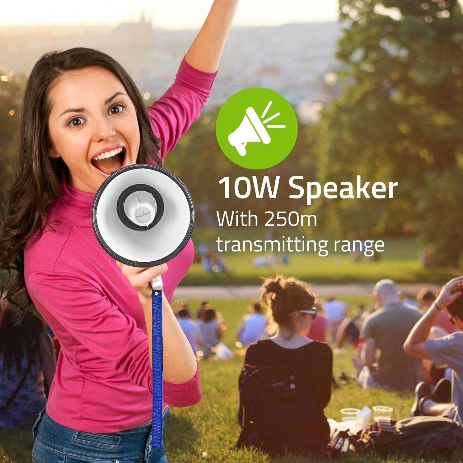 Nedis 10W Megaphone, 250m Range with Built-in Microphone, Siren, Adjustable Volume, Record Function - White & Blue