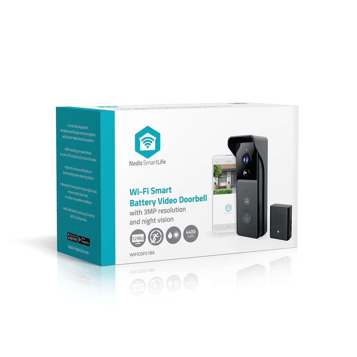 Nedis SmartLife Wireless Video Doorbell WiFi Camera, Battery Powered | 3MP Full HD 1296p | Cloud Storage (optional) / microSD (not included) | IP44 | With motion sensor | Night vision | Black