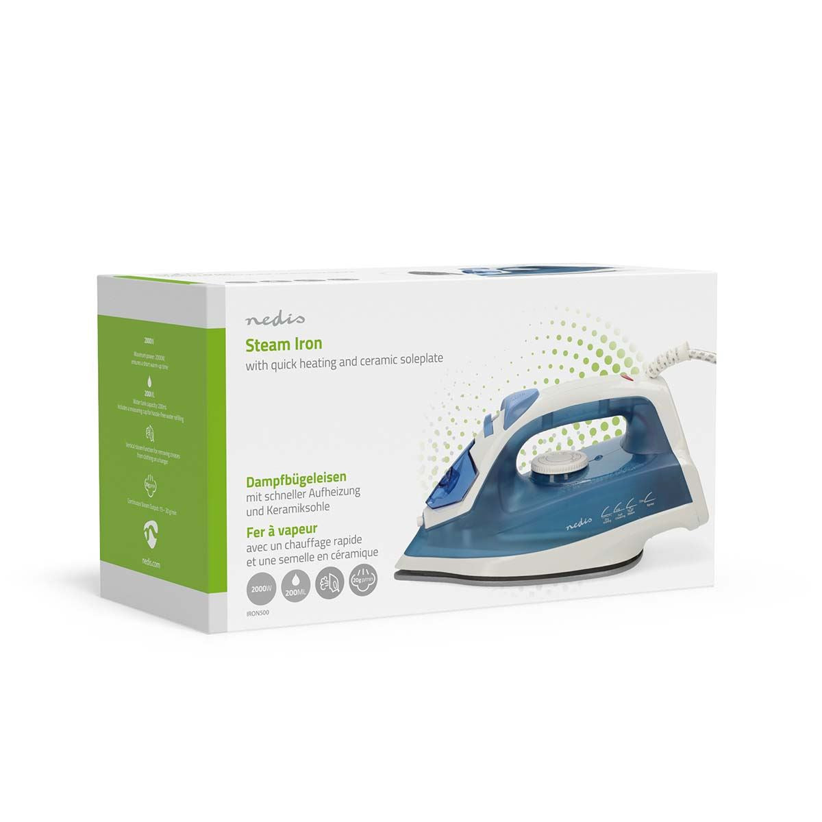 Nedis Steam Iron 2000W, Powerful Fast Heating, Adjustable Steam Control, Vertical Steam Spray Function, 200ml Water Tank, Stainless Steel Soleplate - Blue