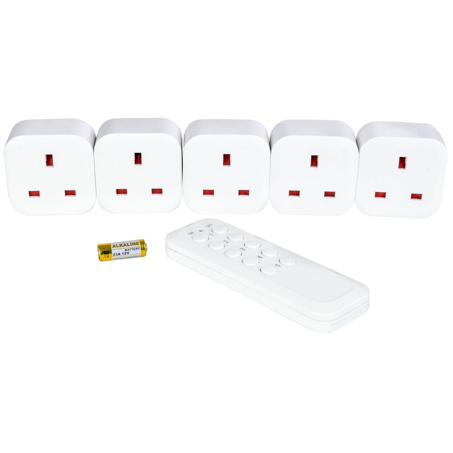 5 Wireless Remote Control Socket Set - Programmable 13A Remote Plug Adapter, 30m Range, 3120W, Self-Learning Socket