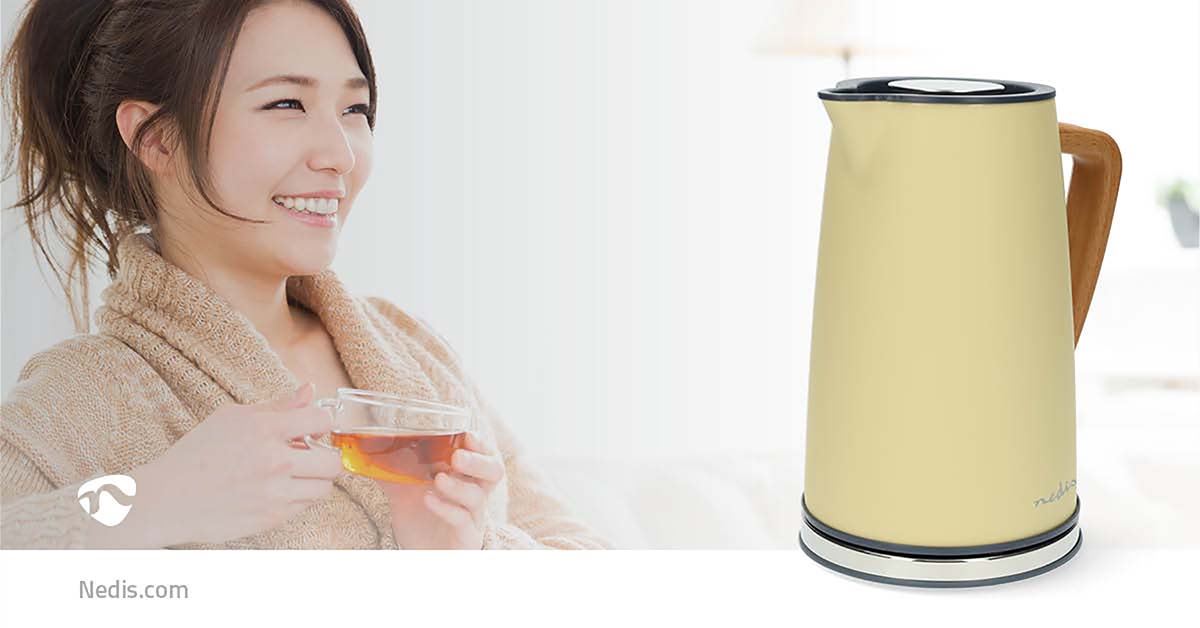 Nedis 1.7L Soft Touch Jug Kettle with Wood Effect Handle, Overheat Protection, Removeable Filter, 2.2KW - Yellow