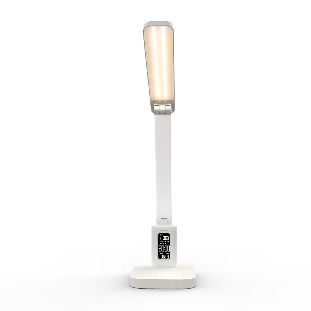 Nedis Rechargeable LED Desk Lamp with Clock - Touch Dimmable, 3 Light Modes, Alarm, Calendar, Temperature Display, Foldable Design