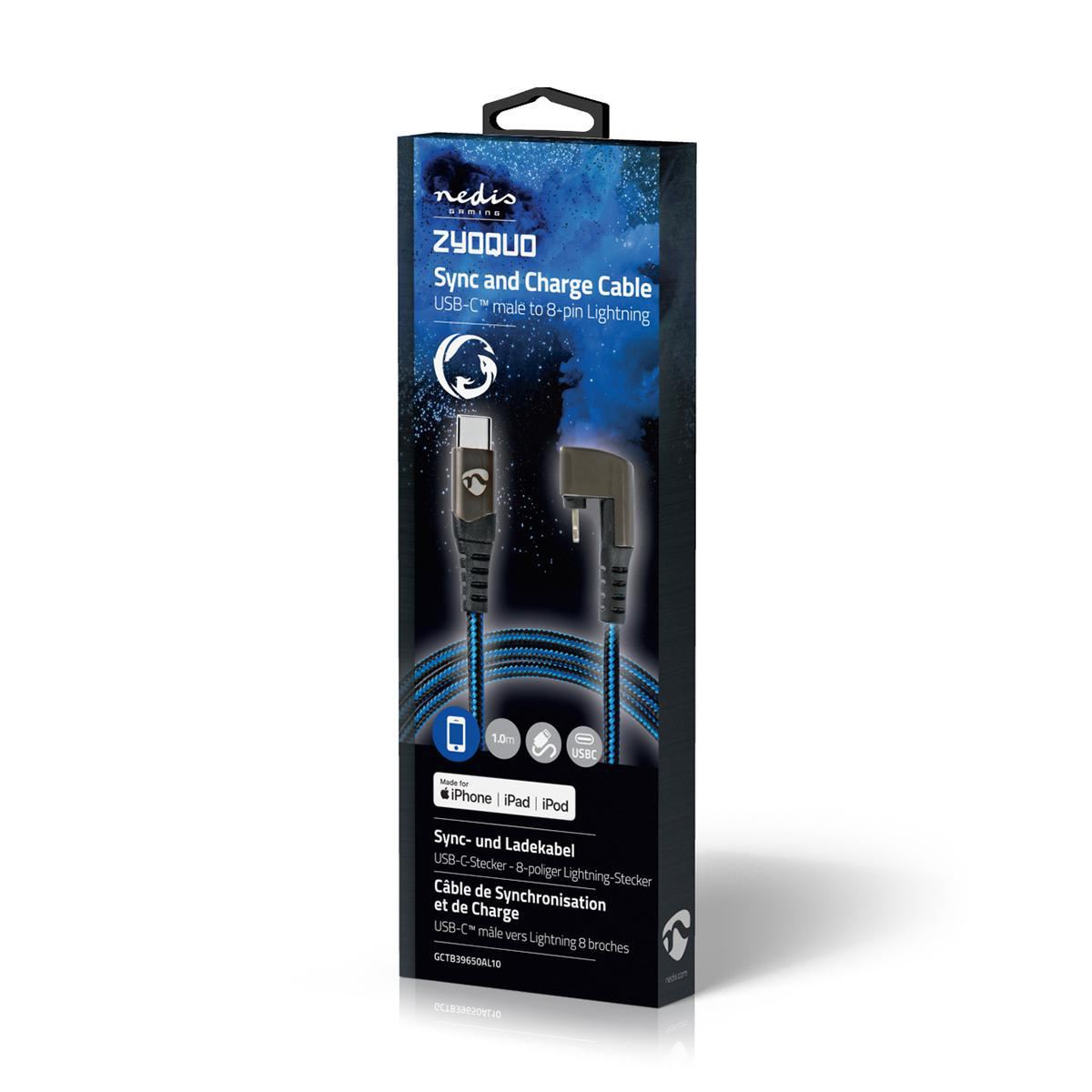 Nedis USB Cable | USB 2.0 | Apple Lightning 8-Pin | USB-C™ Male | 60 W | 480 Mbps | Nickel Plated | 1.00 m | Round | Braided / Nylon | Black / Blue | Cover Window Box