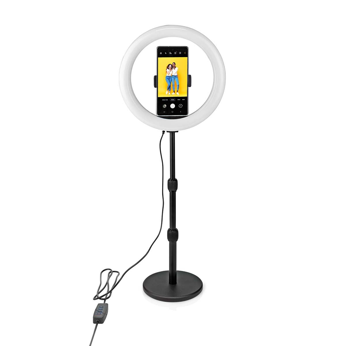 Nedis Ring Light, 10" LED Ring Lamp with 120 LEDs on Aluminium Table Stand, USB Powered, with Flexible Phone Holder, 10 Light Modes