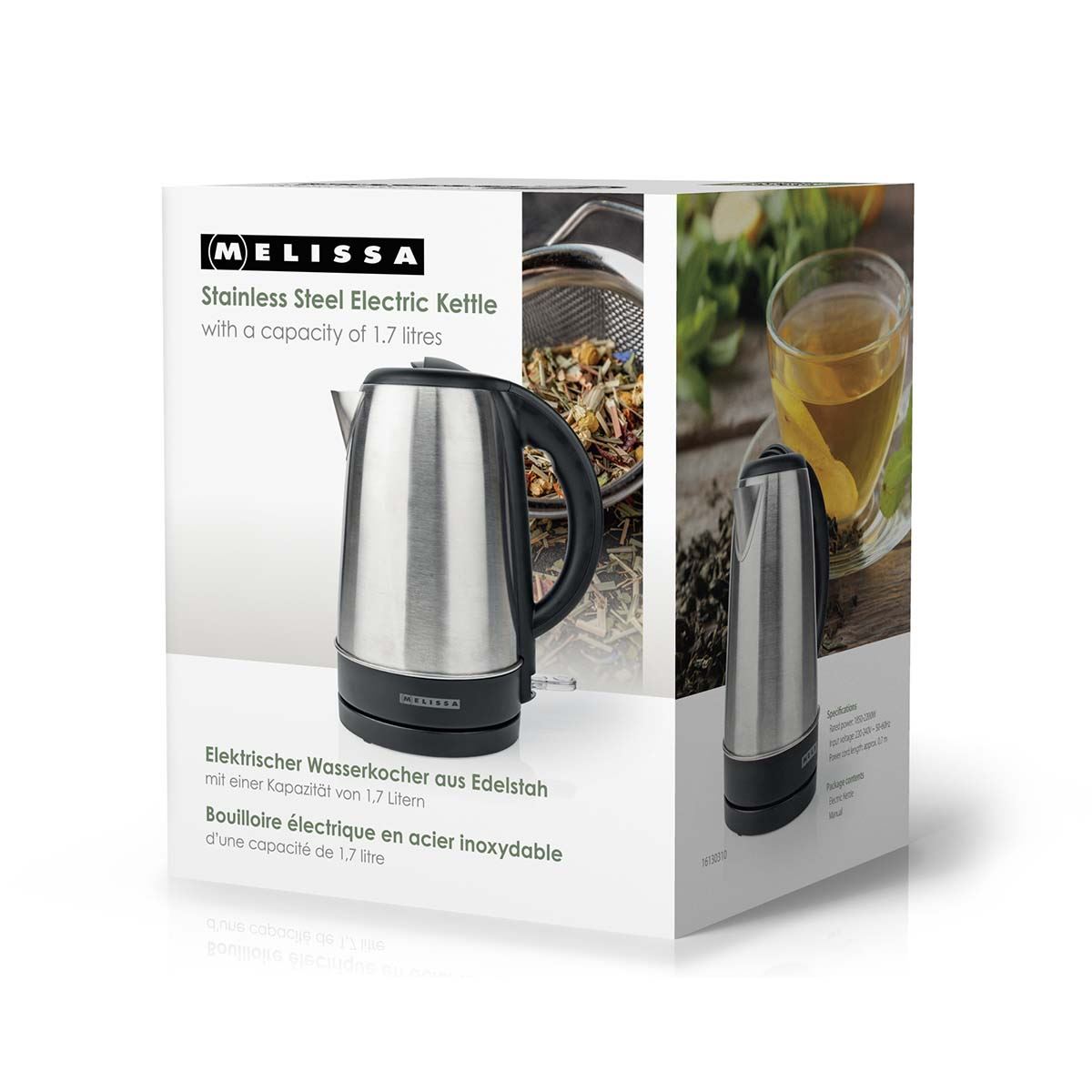 MELISSA Electric Kettle, 1.7L, 2200W, Stainless Steel Jug with Quick Boil Time, Boil Dry Protection and Auto Shut Off, Cordless 360° Swivel Base, for Hot Water Tea or Coffee - Silver