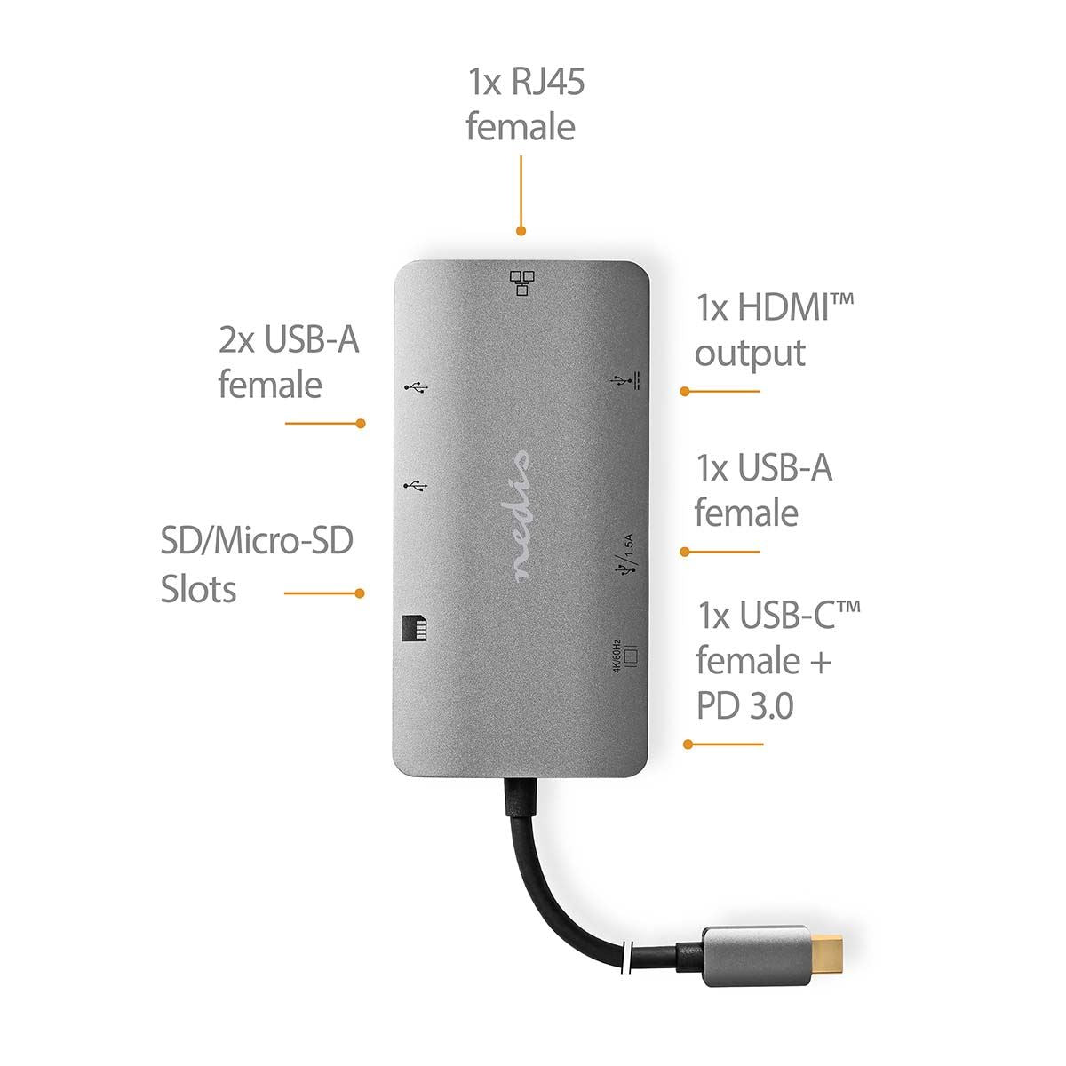 Nedis USB Multi-Port Adapter | 7-in-1 | USB 3.2 Gen 1 | USB-C™ Male | HDMI™ Output / Micro SD / RJ45 Female / SD / USB-C™ Female / 3x USB-A Female | 5 Gbps | 0.20 m | Round | Gold Plated | PVC | Anthracite | Box