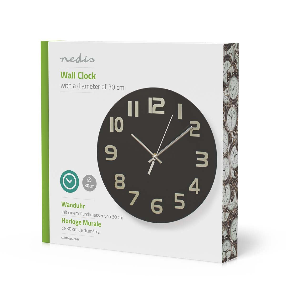 Nedis 30cm Wall Clock with Easy Read Numbers, Battery Powered - Glass Black