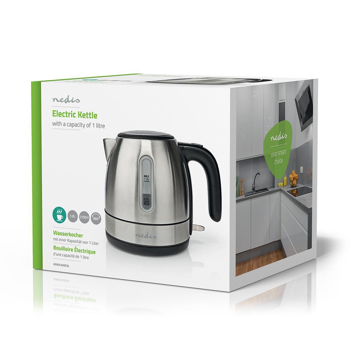 Nedis Electric Kettle, 1.0L Capacity with Quick Boil Time, Boil-Dry Protection and Removable Filter for Fresher Water, 2150W - Silver