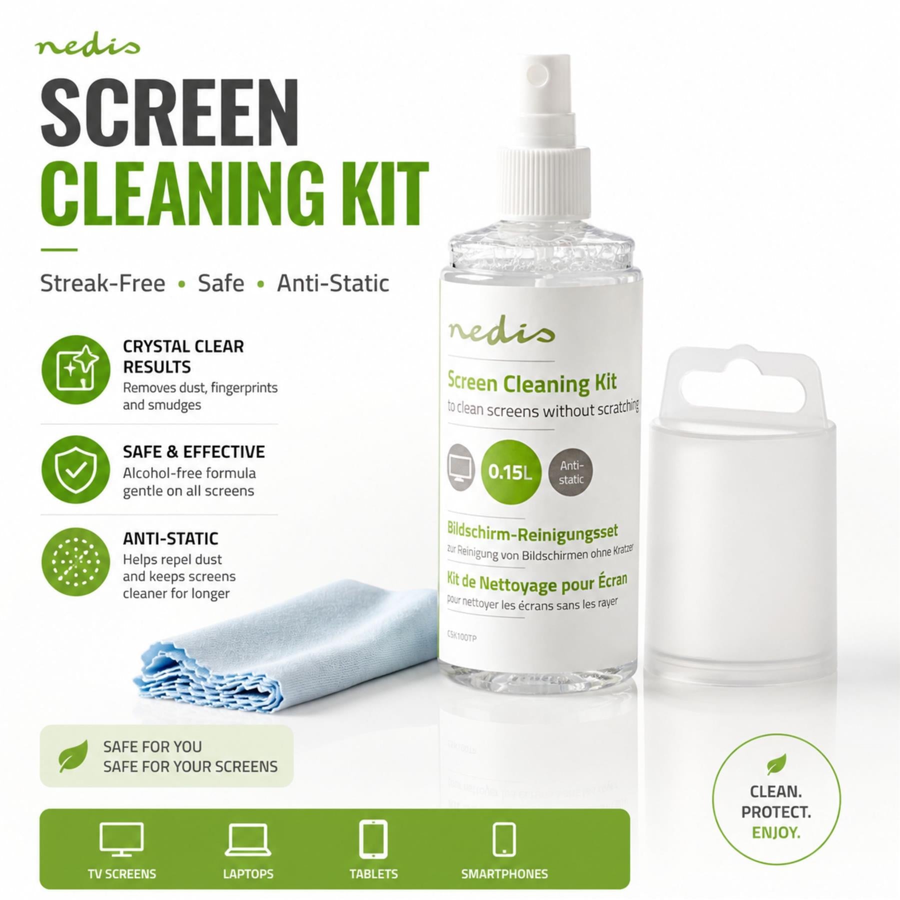 Nedis Screen Cleaner Kit, Anti-Static and Alcohol-Free Cleaning Spray and Microfibre Cloth - 150ml Spray