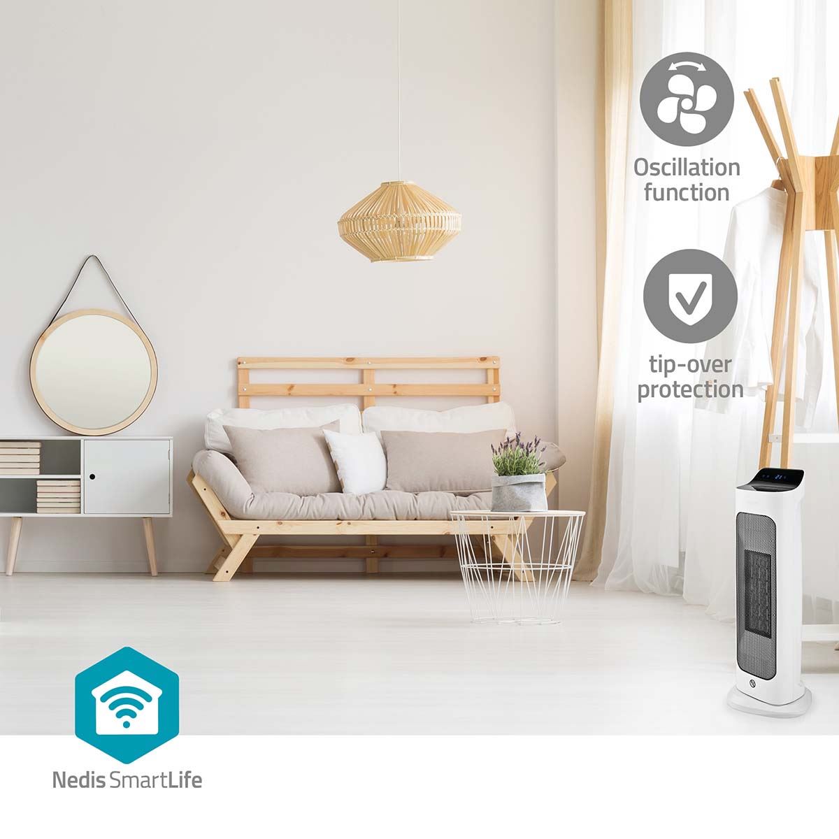 Nedis SmartLife Ceramic PTC Fan Heater | Wi-Fi | 2000 W | 2 Heat Settings | Oscillation | Display | 10 - 49 °C | Android™ / IOS | White