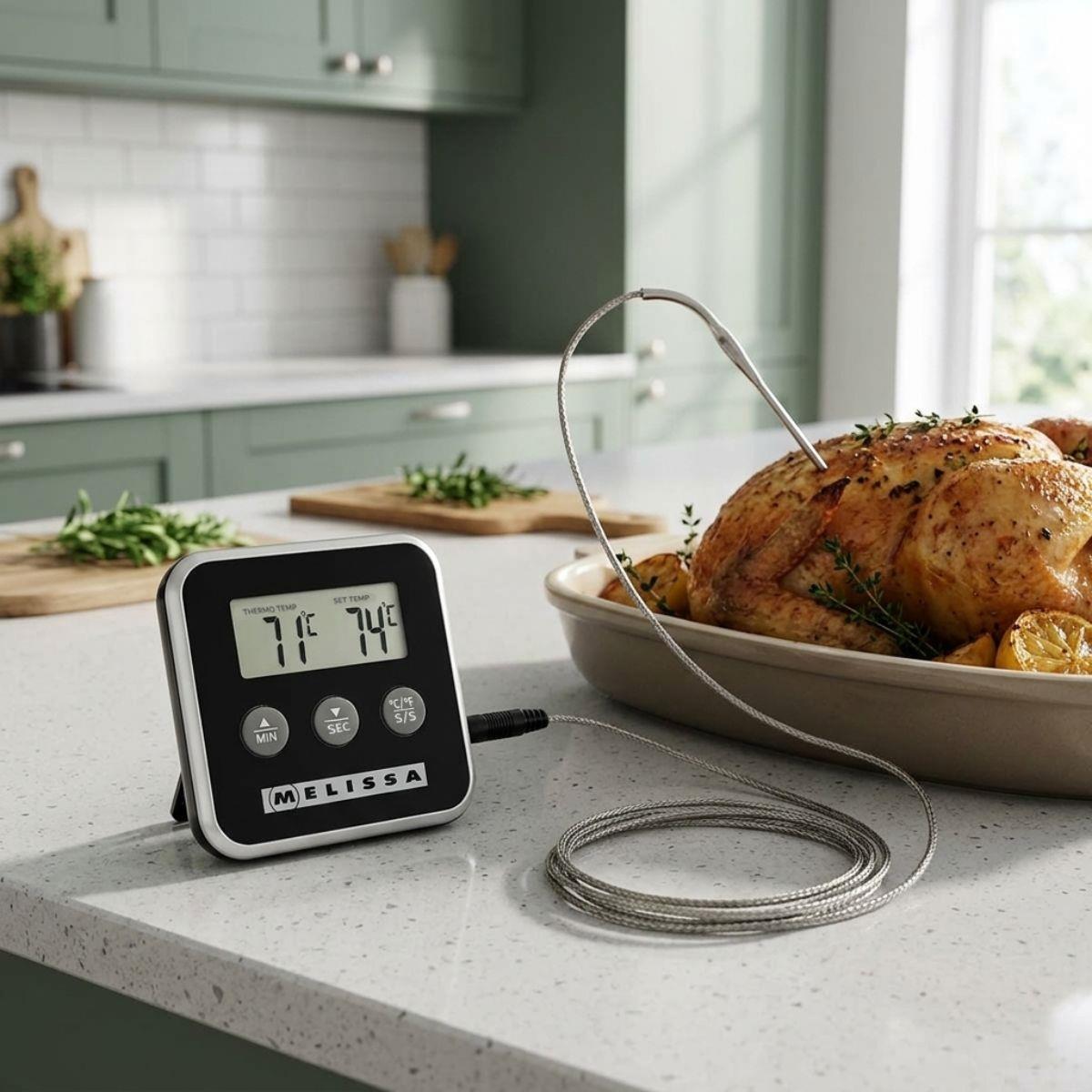 Melissa Leave-in Digital Food, Meat, Baking Thermometer Temperature Probe Cooking Kitchen BBQ, with Alarm, Timer - Black