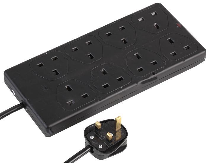 8 Gang 2m Mains Extension Lead Socket 13A - Black