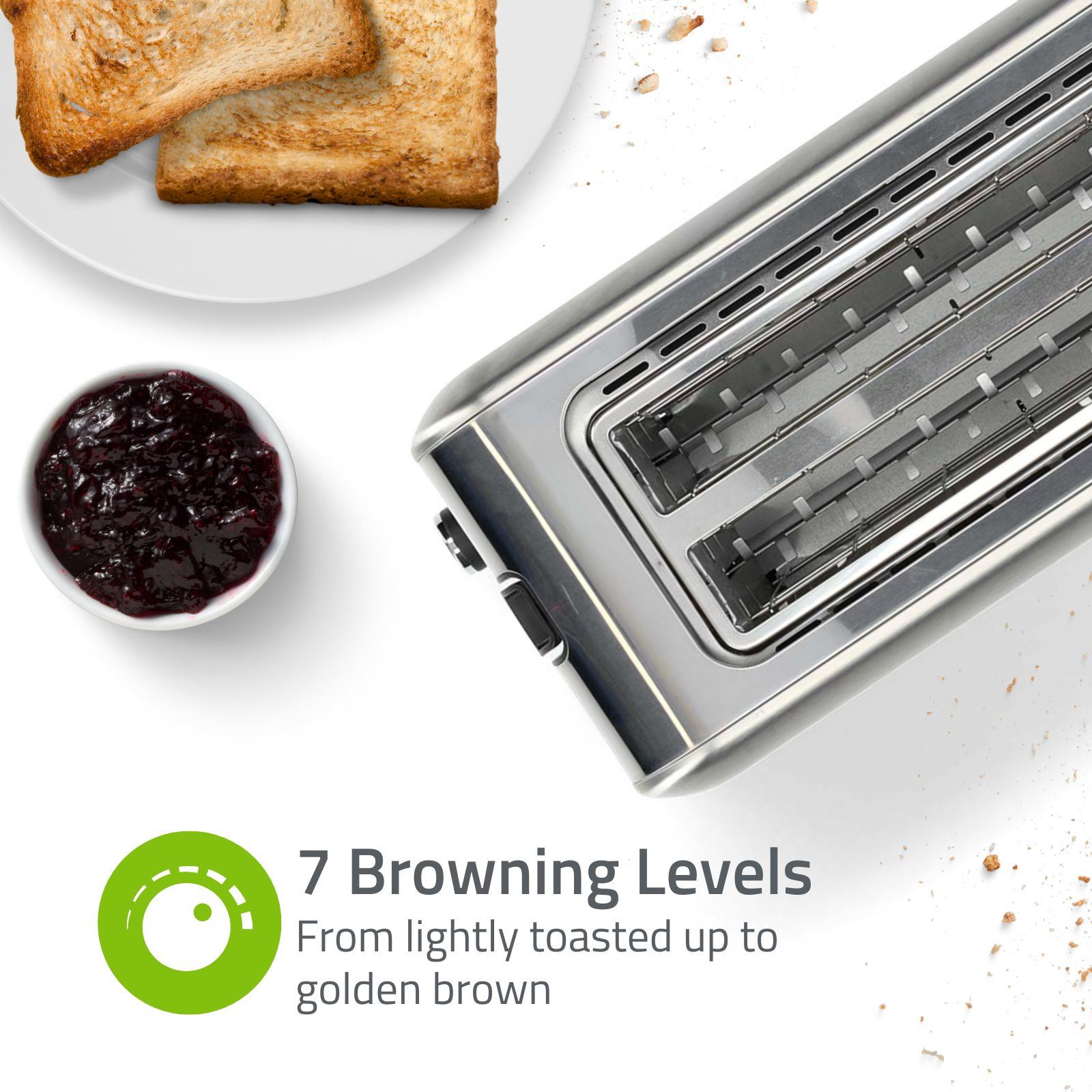 Nedis 2 Slice Toaster with Extra Long Slots, Bun Warming Rack, 7 Browning Settings, Defrost, Reheat and Cancel, 1450W