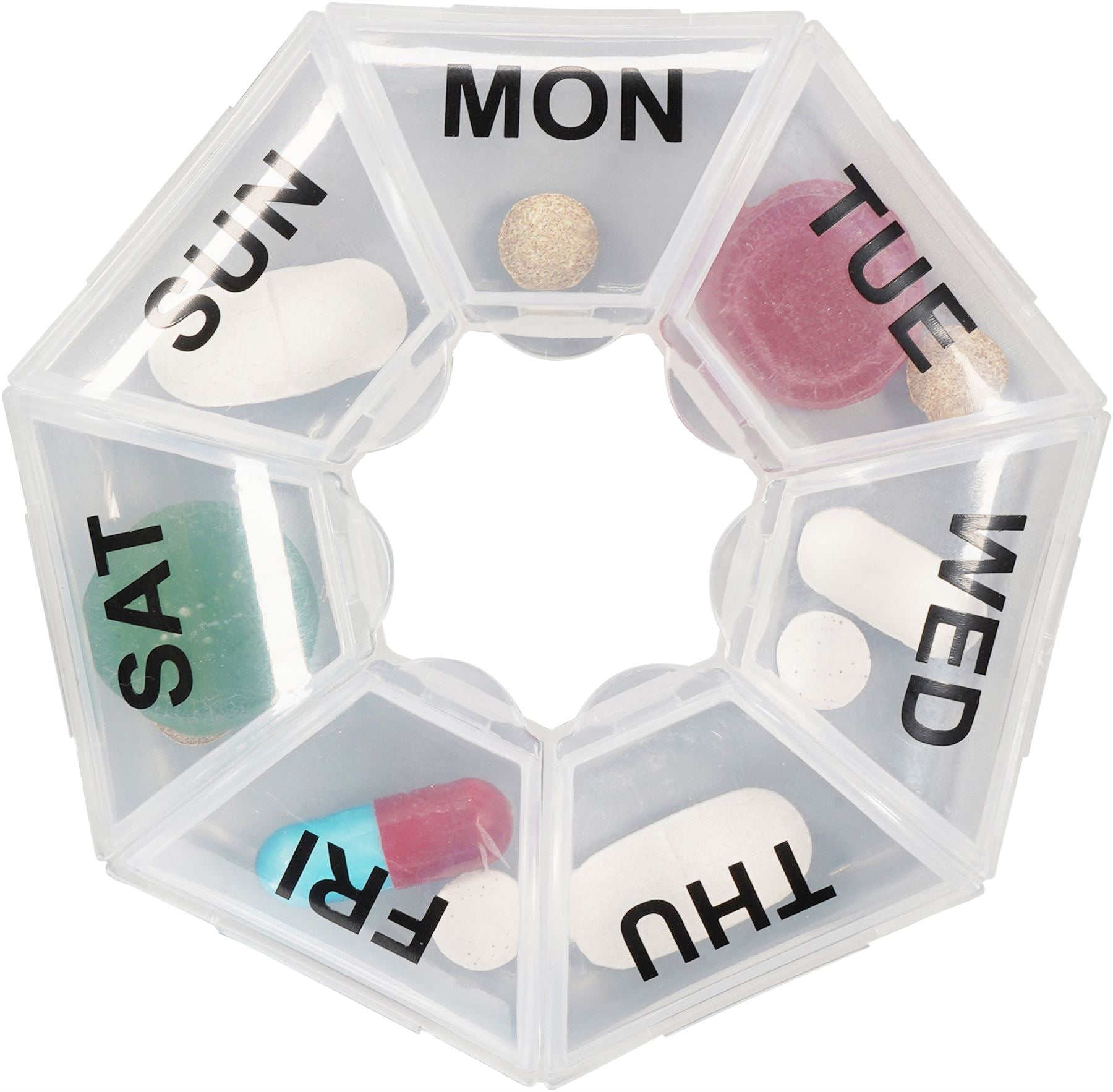 7 Day Weekly Pill Box.Compact,Portable,Easy Flip-Up Lids,Clearly Labelled Days of Week,Will Hold Several Pills per Compartment,Alzheimers,Dementia Aid