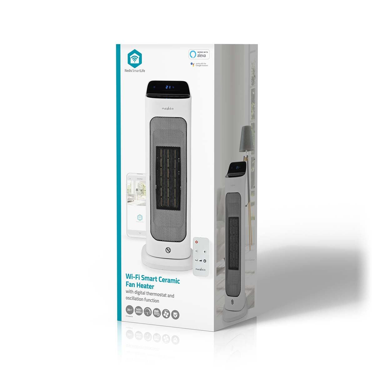 Nedis SmartLife Ceramic PTC Fan Heater | Wi-Fi | 2000 W | 2 Heat Settings | Oscillation | Display | 10 - 49 °C | Android™ / IOS | White