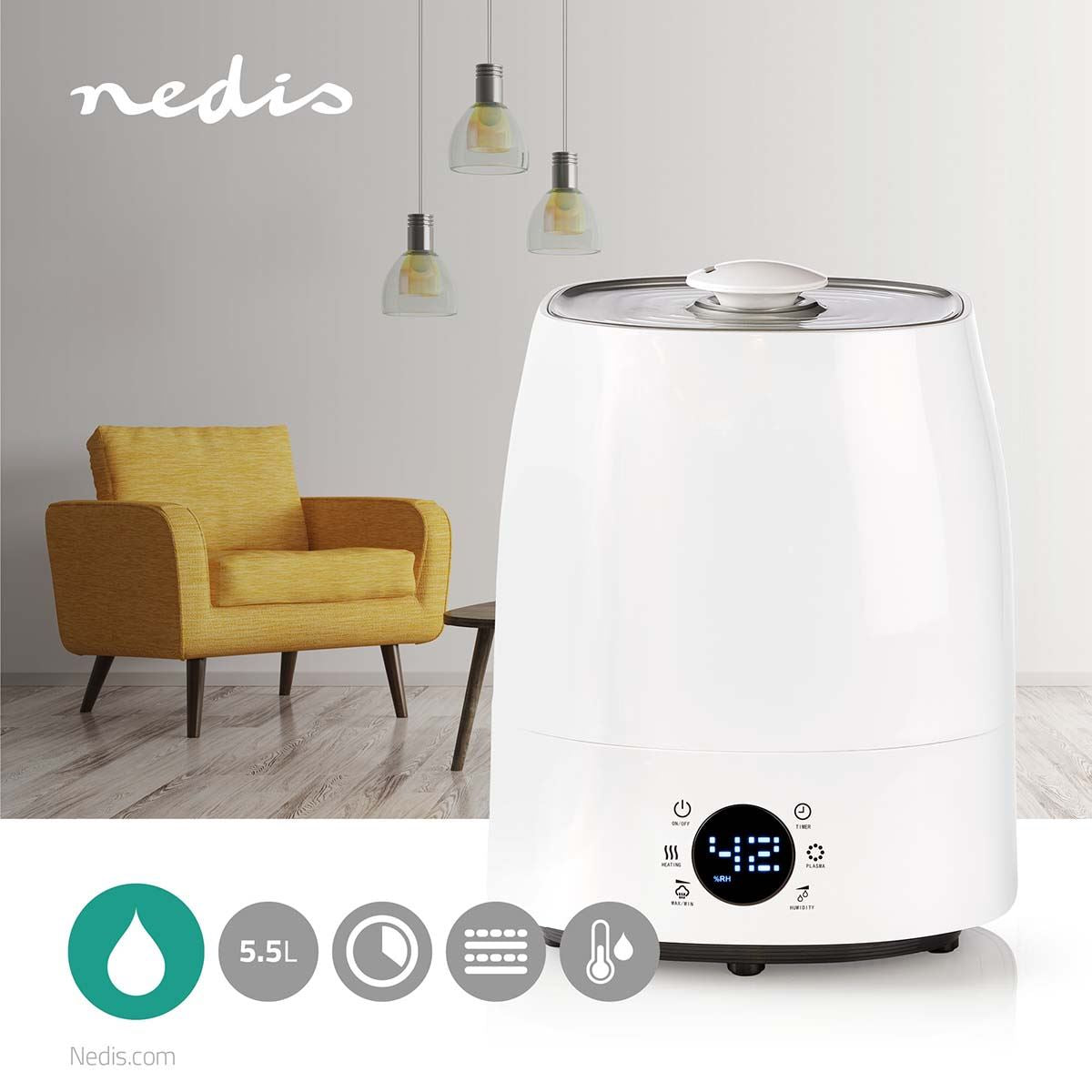 Nedis Air Humidifier | 110 W | With Cool and Warm Mist | 5.5 l | Hygrometer | Timer | Suitable for space up to: 50 m² | Grey / White
