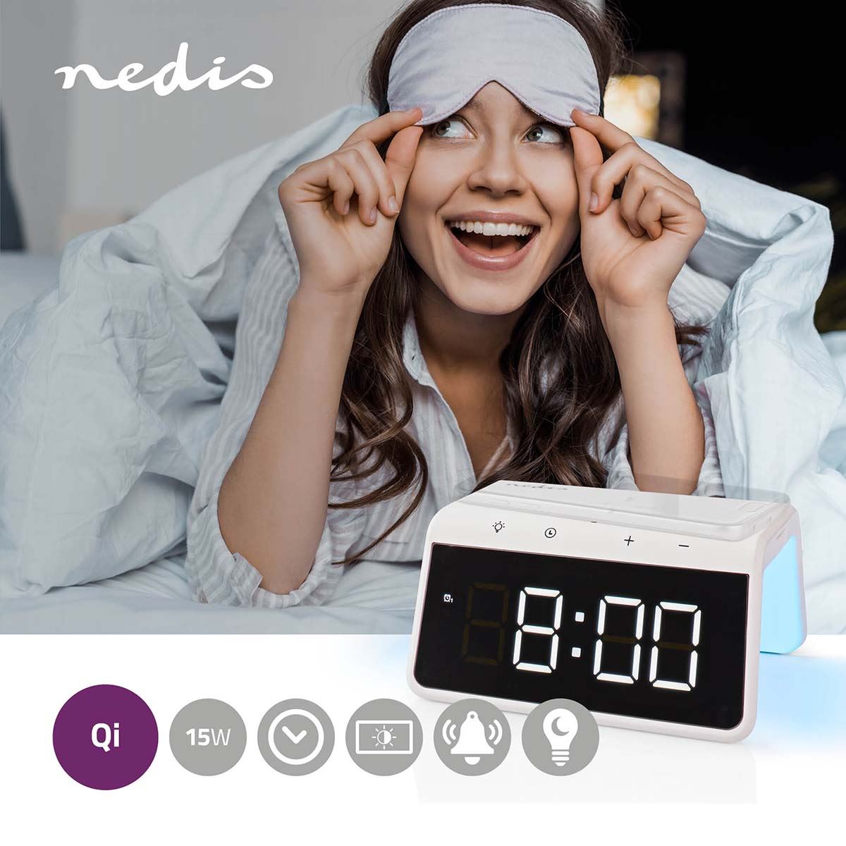 Nedis Wireless Charging Alarm Clock With Qi Certified Dock, Dual Programmable Alarms, Dimmable Backlit Display, Colour Changing Night Light - White