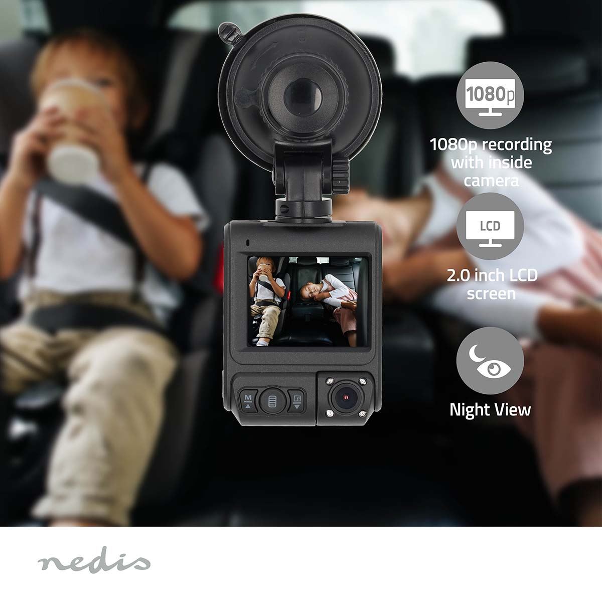 Nedis Dual Dash Cam, 4K UHD Front & 1080p Cabin View, 12MP, 2" IPS Display, GPS, Wi-Fi, G-Sensor, Parking & Motion Detection, Night View, 140� Wide Angle, Loop Recording, Photo Mode