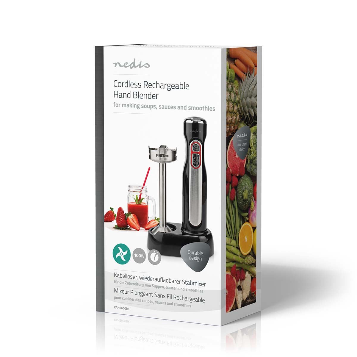 Nedis Hand Blender, 100W Cordless Handheld Stick Immersion Mixer with Stainless Steel Blades
