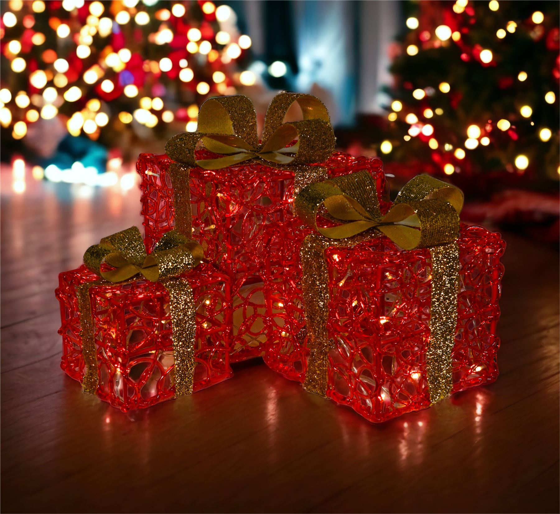 Set of 3 LED Light Up Christmas Gift Present Box Decoration Battery Operated With Timer 8 Patterns and 60 LED's - Red