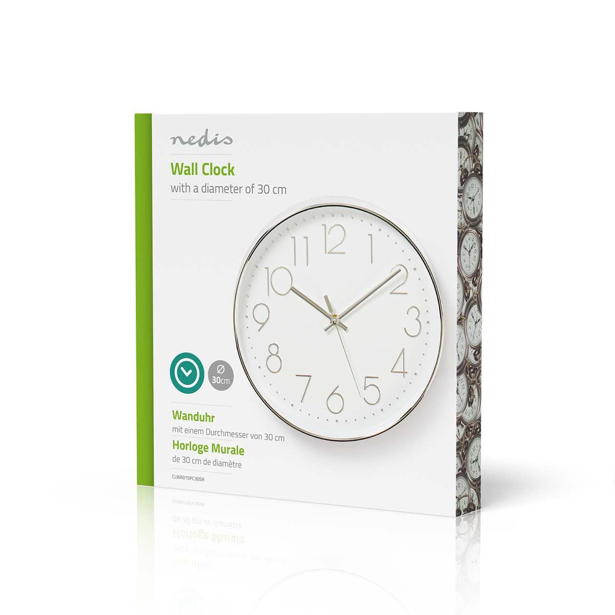 Nedis 30cm Wall Clock with Easy Read Numbers, Silent Movement, Battery Powered - Silver / White