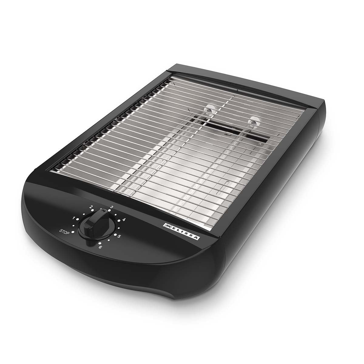 MELISSA Flat Toaster all types of Bread / Baked Goods, 600W, Timer with 6 Toast Levels, Buzzer and Crumb Tray - Black