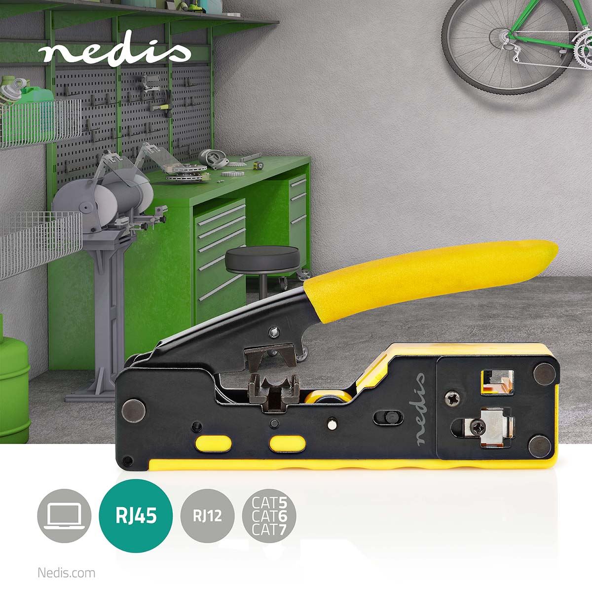Nedis Crimp pliers | CAT5 / CAT5e / CAT6 / CAT6a / CAT7 / RJ12 / RJ45 | Cutting / Plier / Stripping | Rubber / Steel | Black / Yellow