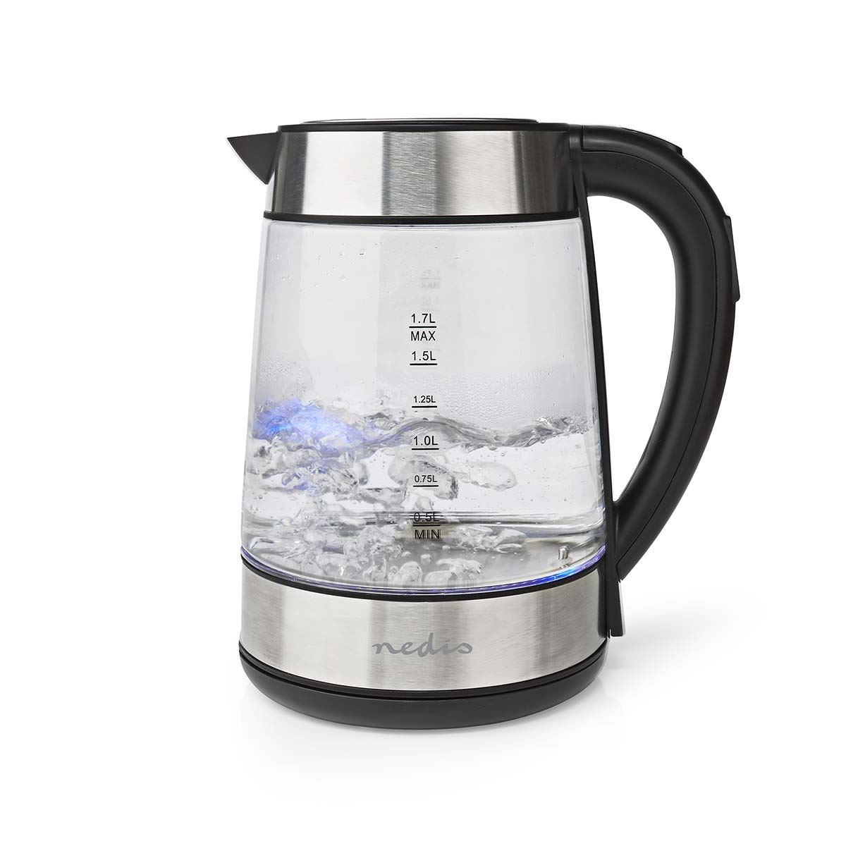 Nedis Electric Glass Kettle, Large 1.7L Capacity, with Striking Blue Illuminated LED Light, Boil-Dry Protection, and Removable Filter for Fresher Water - 2200W