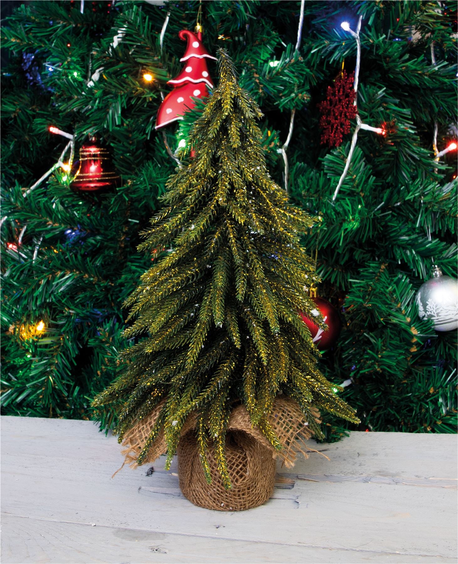 Decorative Gold Finish Mini Artificial Christmas Tree in Hessian Bag - 35cm