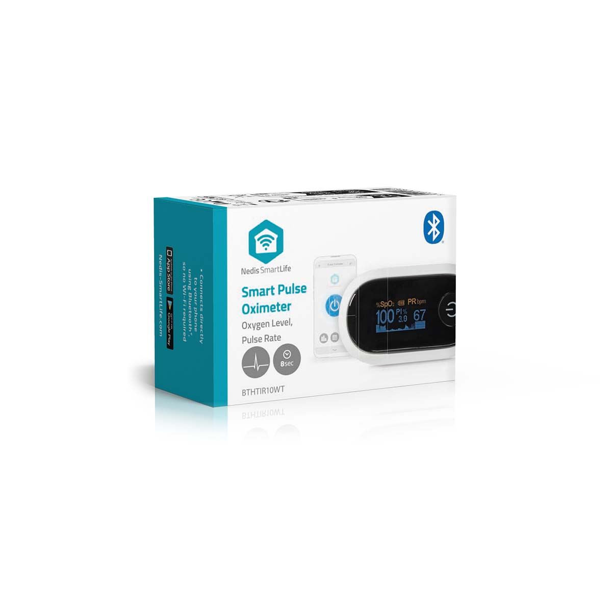 Nedis Smartlife Pulse Oximeter, Measures SpO2, PR & PI, OLED Display, Bluetooth, High Precision Sensor, 8-Second Reading, App Connected - White